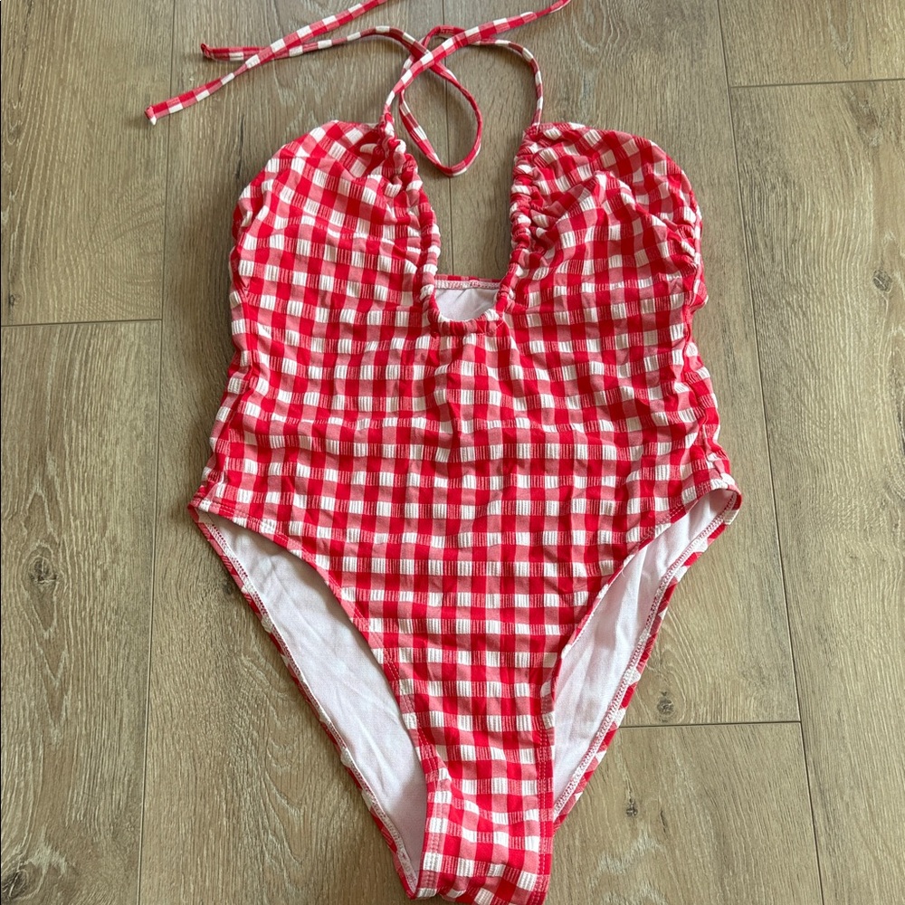 Red Gingham One-Piece Swimsuit - Women's Halter Swimwear